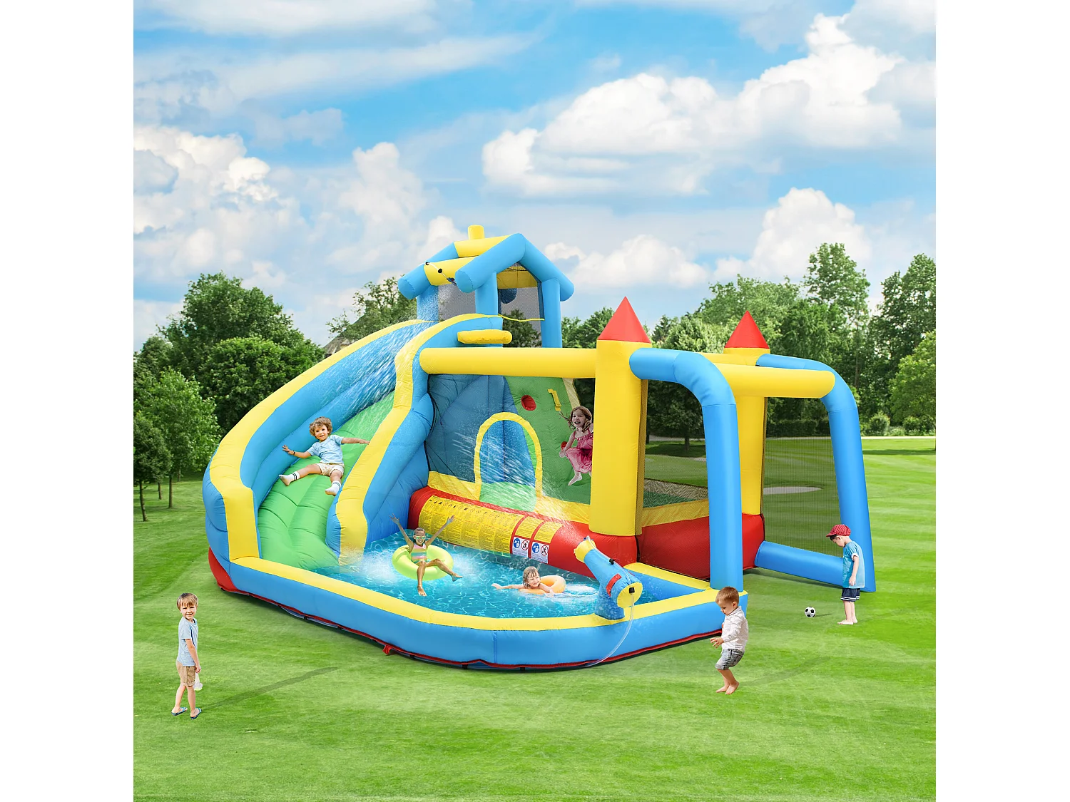 BOUNTECH Maison rebondissante gonflable en coton pour enfants, intérieur et extérieur avec grande zone de saut, toboggan, château transat pour garçons